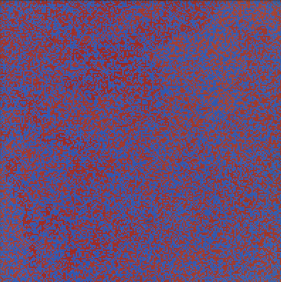François Morellet. Random Distribution of 40,000 Squares Using the Odd and Even Numbers of a Telephone Directory, 50% Blue, 50% Red. 1960
