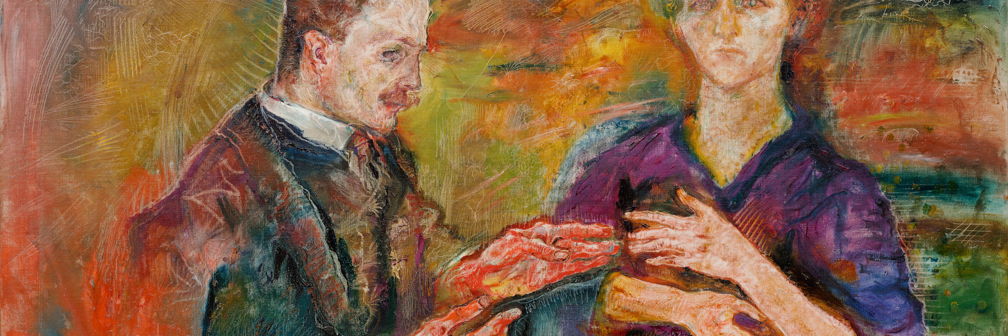 Oskar Kokoschka. Hans Tietze and Erica Tietze-Conrat. 1909. Oil on canvas, 30 1/8 × 53 5/8&#34; (76.5 × 136.2 cm). The Museum of Modern Art, New York. Abby Aldrich Rockefeller Fund. ©️ 2023 Artists Rights Society (ARS), New York/Pro Litteris, Zurich