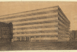 Ludwig Mies van der Rohe. Concrete Office Building Project, Berlin, Germany (Exterior perspective). 1923. Charcoal and crayon on paper, 54 1/2 x 113 3/4&#34; (138.4 x 288.9 cm). The Museum of Modern Art, New York. Mies van der Rohe Archive, gift of the architect. ©️ 2023 Artists Rights Society (ARS), New York/VG Bild-Kunst, Bonn