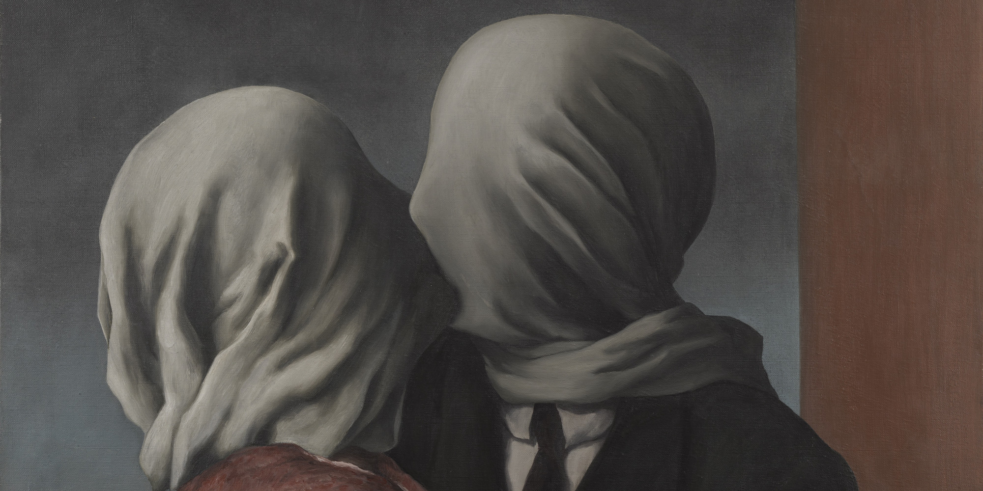 René Magritte. The Lovers. 1928. Oil on canvas, 21 3/8 × 28 7/8&#34; (54 × 73.4 cm). The Museum of Modern Art, New York. Gift of Richard S. Zeisler. © 2024 C. Herscovici, Brussels/Artists Rights Society (ARS), New York