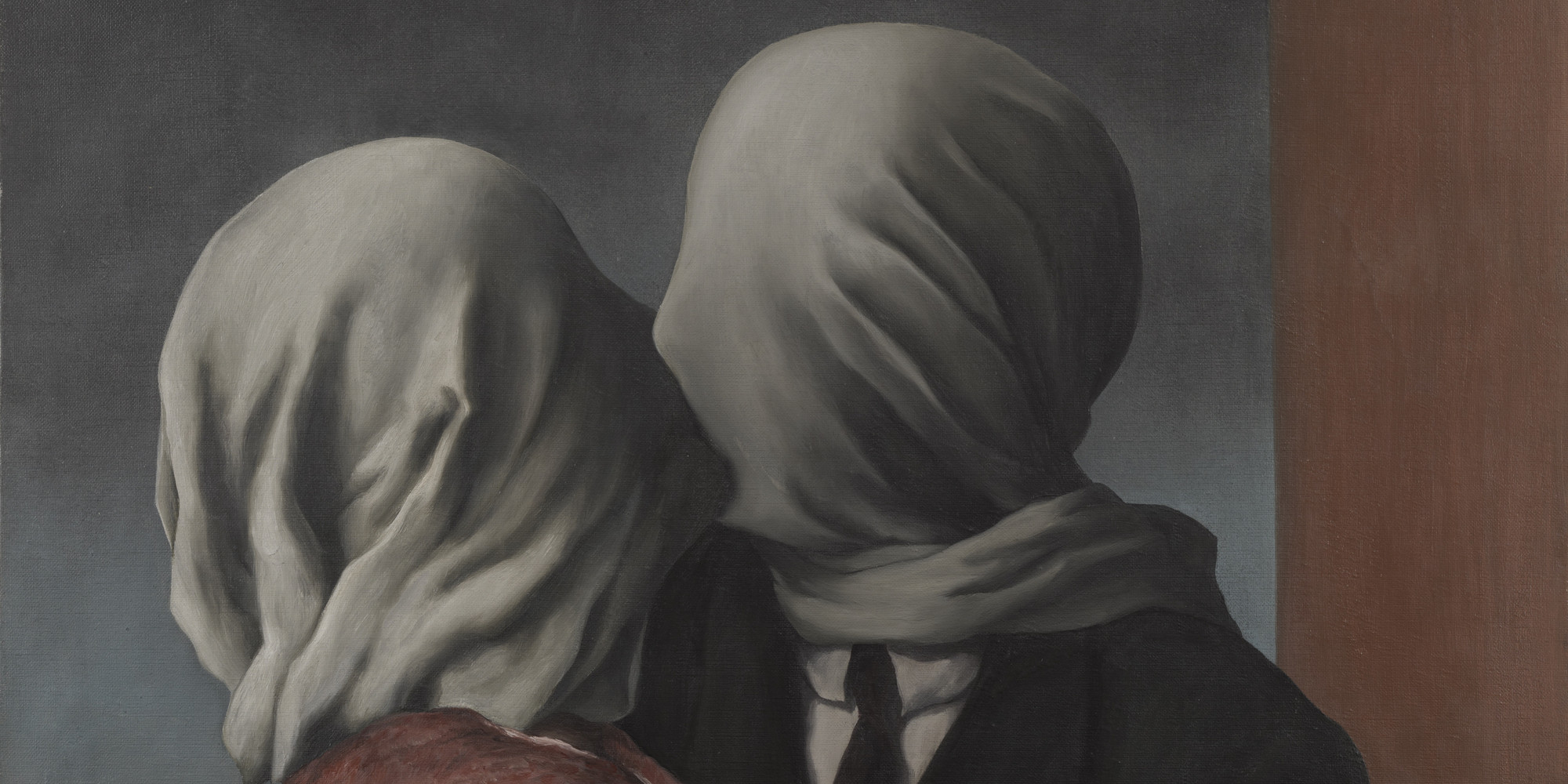 René Magritte. The Lovers. 1928. Oil on canvas, 21 3/8 × 28 7/8" (54 × 73.4 cm). The Museum of Modern Art, New York. Gift of Richard S. Zeisler. © 2024 C. Herscovici, Brussels/Artists Rights Society (ARS), New York
