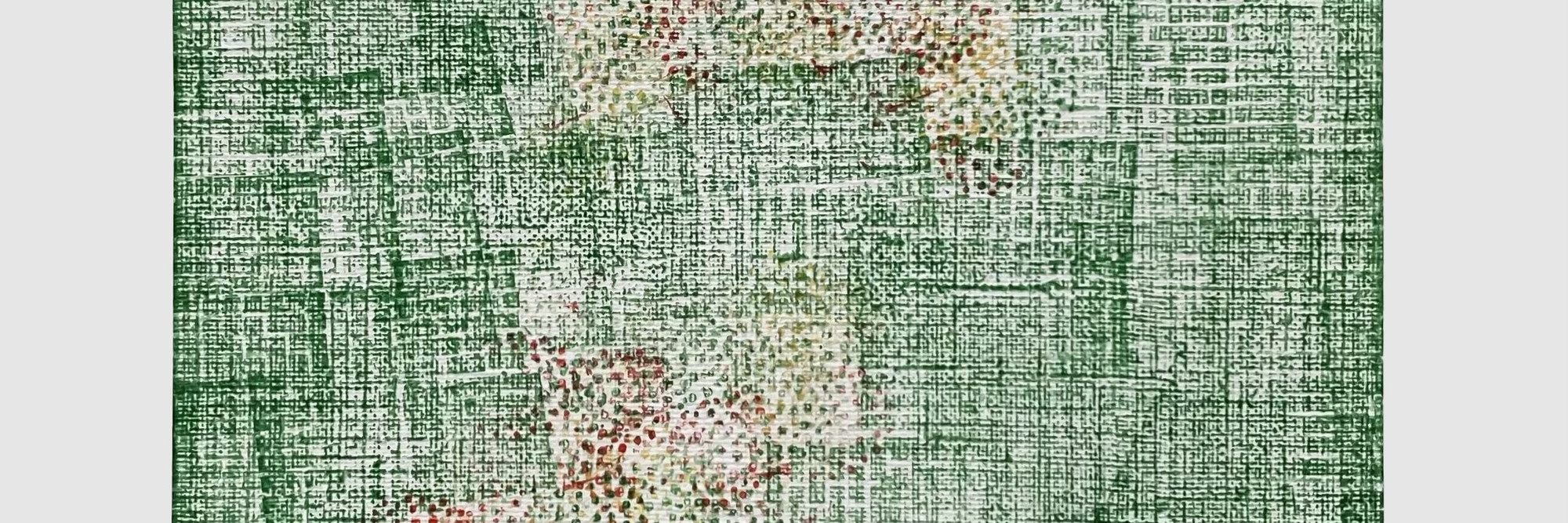 Anthony Mosquea. Escape. 2024. Stamped ink on paper. Courtesy of the artist Image description: A vertically oriented work on paper of overlapping rectangles of forest green filling the entire page. The white paper is visible through the cross-hatched pattern of the stamped shapes. Near the bottom and center of the composition, ochre yellow, burnt orange, and brick red inks are stamped over each other to create two stacked abstract areas within the sea of green ink.