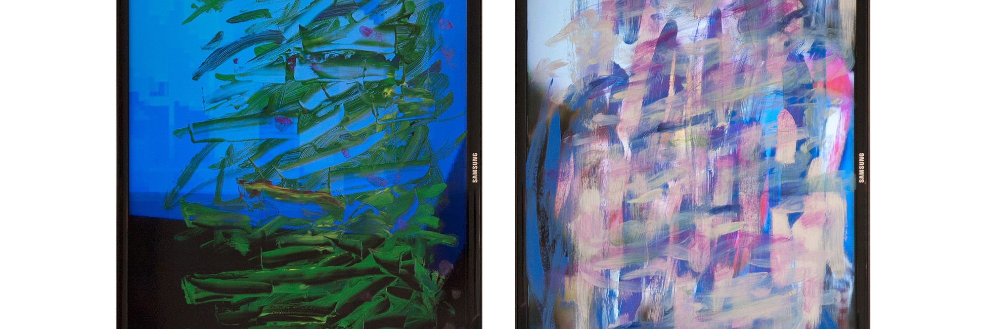 Ken Okiishi. gesture/data. 2014. Oil and chroma key video paint, two LCD monitors, and two-channel standard- and high-definition video (color, sound); left screen: 12:21 min., right screen: 75:13 min. The Museum of Modern Art, New York. Gift of Jill and Peter Kraus, 2014. © 2024 Ken Okiishi
