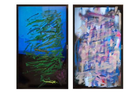 Ken Okiishi. gesture/data. 2014. Oil and chroma key video paint, two LCD monitors, and two-channel standard- and high-definition video (color, sound); left screen: 12:21 min., right screen: 75:13 min. The Museum of Modern Art, New York. Gift of Jill and Peter Kraus, 2014. © 2024 Ken Okiishi