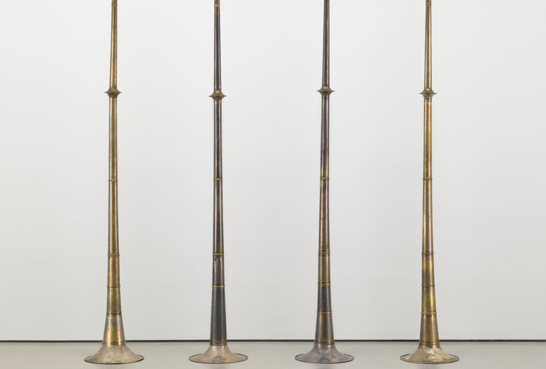 Terry Adkins. Last Trumpet. 1995. Brass and sousaphone and trombone bells, four parts, each 216 × 24 × 24″ (548.6 × 61 × 61 cm). Gift of David Booth; and gift of Mr. and Mrs. Murray Thompson (by exchange). The Museum of Modern Art, New York. © Terry Adkins. Courtesy of the Estate of Terry Adkins