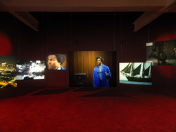 Isaac Julien. Lessons of the Hour. 2019. Ten-channel 4K video and 35mm film transferred to high-definition video (color, sound; 28:46 min.) and 10 projection screens, dimensions variable. The Museum of Modern Art, New York. Acquired through the generosity of the Ford Foundation. © 2024 Isaac Julien. Installation view, Metro Pictures, New York, 2019