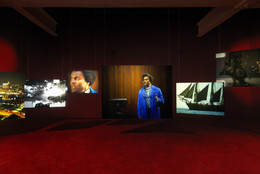Isaac Julien. Lessons of the Hour. 2019. Ten-channel 4K video and 35mm film transferred to high-definition video (color, sound; 28:46 min.) and 10 projection screens, dimensions variable. The Museum of Modern Art, New York. Acquired through the generosity of the Ford Foundation. © 2024 Isaac Julien. Installation view, Metro Pictures, New York, 2019