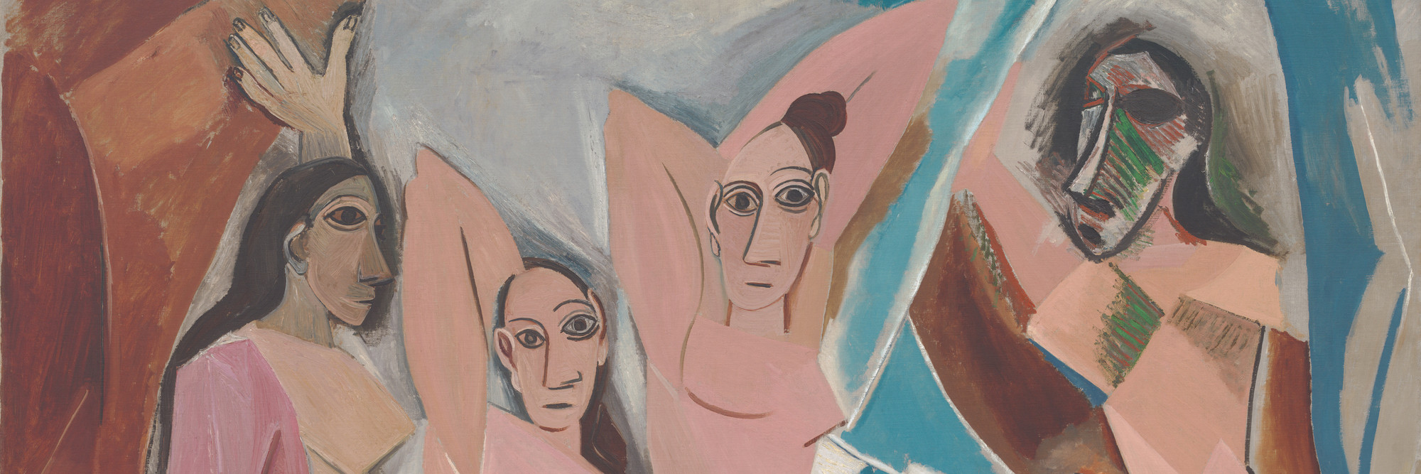 Pablo Picasso. Les Demoiselles d’Avignon. 1907. Oil on canvas, 8&#39; × 7&#39; 8&#34; (243.9 × 233.7 cm). The Museum of Modern Art, New York. Acquired through the Lillie P. Bliss Bequest (by exchange). © 2024 Estate of Pablo Picasso/Artists Rights Society (ARS), New York