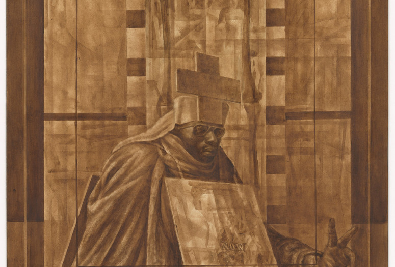 Charles White. Black Pope (Sandwich Board Man). 1973. Oil wash on board, 60 × 43 7/8&#34; (152.4 × 111.4 cm). Richard S. Zeisler Bequest (by exchange), The Friends of Education of The Museum of Modern Art, Committee on Drawings Fund, Dian Woodner, and Agnes Gund. © 2024 The Charles White Archives