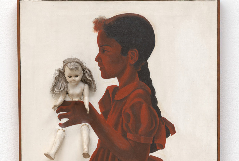 Adrian Piper. Self-Portrait at Age 5 with Doll. 1966. Oil on canvas, doll, 30 1/2 × 20 5/8 × 4 1/2&#34; (77.5 × 52.4 × 11.4 cm). Gift of Lonti Ebers. © 2024 Adrian Piper