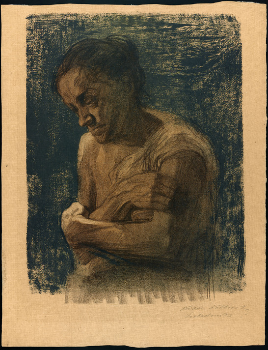 Käthe Kollwitz. Half Figure of a Woman with Crossed Arms, state III/III. c. 1905. Crayon and brush lithograph, printed in three colors