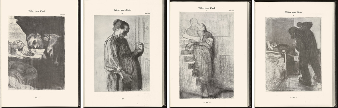Käthe Kollwitz. From left: Home Worker (I); At the Doctor (III); Into the Water (IV); and Drunken Man (V). Reproduced as Portraits of Misery in Simplicissimus, nos. 31, 35, and 38 (1909) and 40 (1910)