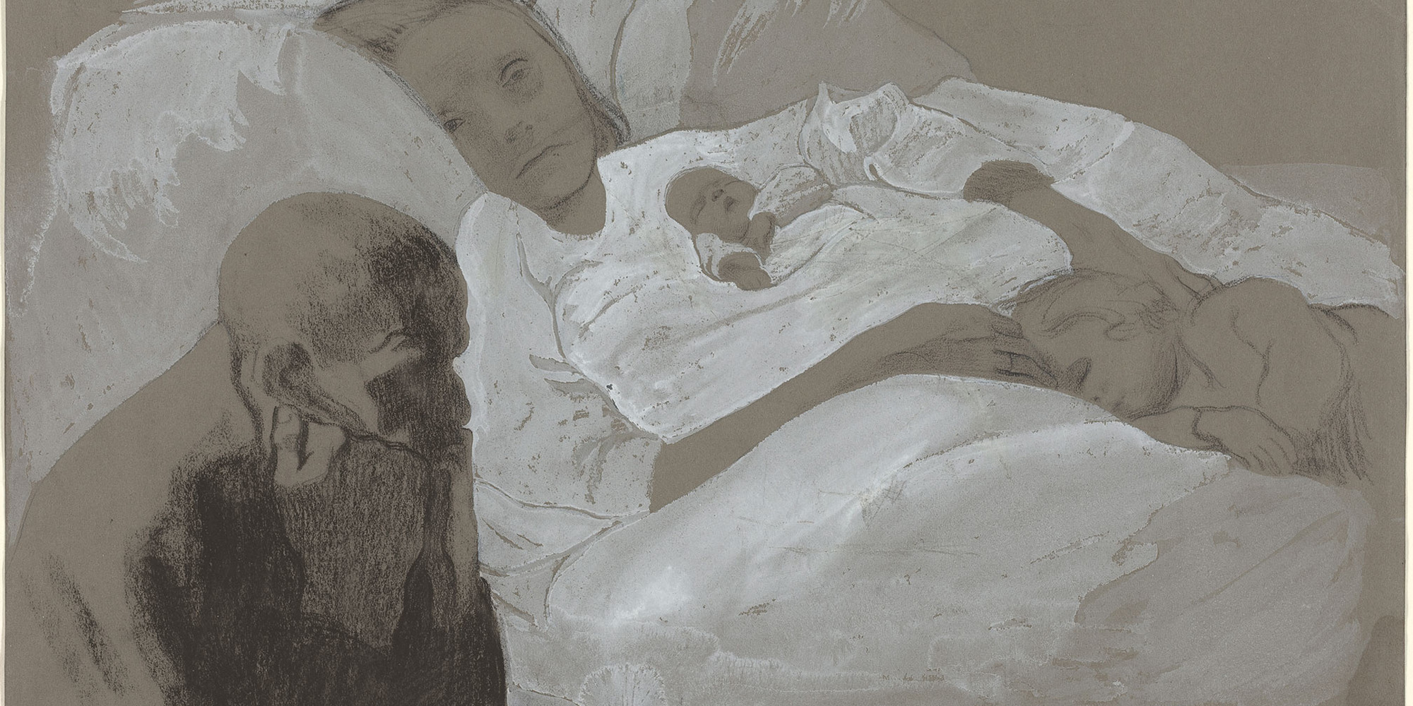 Käthe Kollwitz. Unemployment. 1909. Black chalk and white opaque watercolor over blue pencil on gray-brown paper, 11 7/16 × 17 1/2" (29 × 44.4 cm). National Gallery of Art, Washington, DC. Courtesy National Gallery of Art, Washington, DC