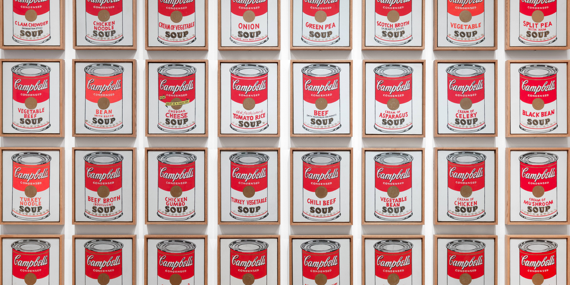 Andy Warhol. Campbell’s Soup Cans. 1962. Acrylic with metallic enamel paint on canvas, 32 panels; each canvas 20 × 16" (50.8 × 40.6 cm); overall installation with 3" between each panel is 97" high × 163" wide. The Museum of Modern Art, New York. Partial gift of Irving Blum. Additional funding provided by Nelson A. Rockefeller Bequest, gift of Mr. and Mrs. William A. M. Burden, Abby Aldrich Rockefeller Fund, gift of Nina and Gordon Bunshaft, acquired through the Lillie P. Bliss Bequest, Philip Johnson Fund, Frances R. Keech Bequest, gift of Mrs. Bliss Parkinson, and Florence B. Wesley Bequest (all by exchange). © 2024 Andy Warhol Foundation/ARS, NY/TM Licensed by Campbell’s Soup Co. All rights reserved