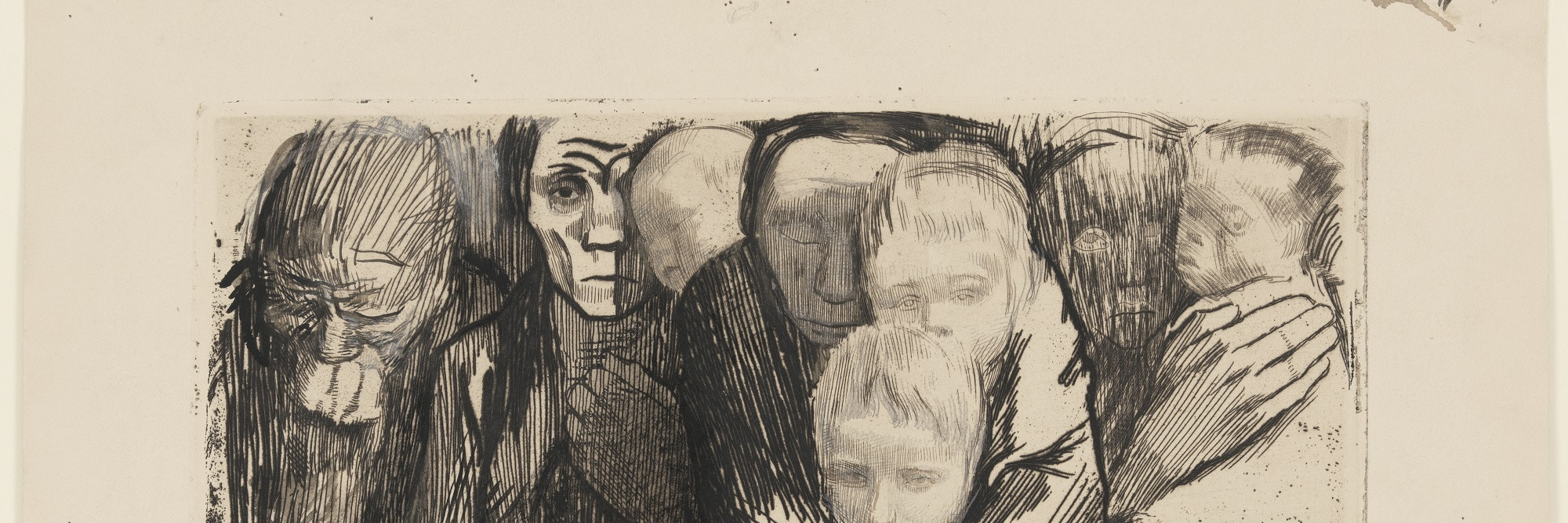 Käthe Kollwitz. The Mothers (Mütter). 1918. Line etching, sandpaper, needle bundle, and soft ground with the imprint of laid paper overworked with black ink, opaque white, charcoal, and pencil. Plate: 9 5/8 x 12 1/2″ (24.5 x 31.8 cm); sheet 12 5/8 x 16 5/16″ (32 x 41.4 cm). Collection Ute Kahl, Cologne. Fuis Photographie