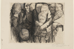 Käthe Kollwitz. The Mothers (Mütter). 1918. Line etching, sandpaper, needle bundle, and soft ground with the imprint of laid paper overworked with black ink, opaque white, charcoal, and pencil. Plate: 9 5/8 x 12 1/2″ (24.5 x 31.8 cm); sheet 12 5/8 x 16 5/16″ (32 x 41.4 cm). Collection Ute Kahl, Cologne. Fuis Photographie