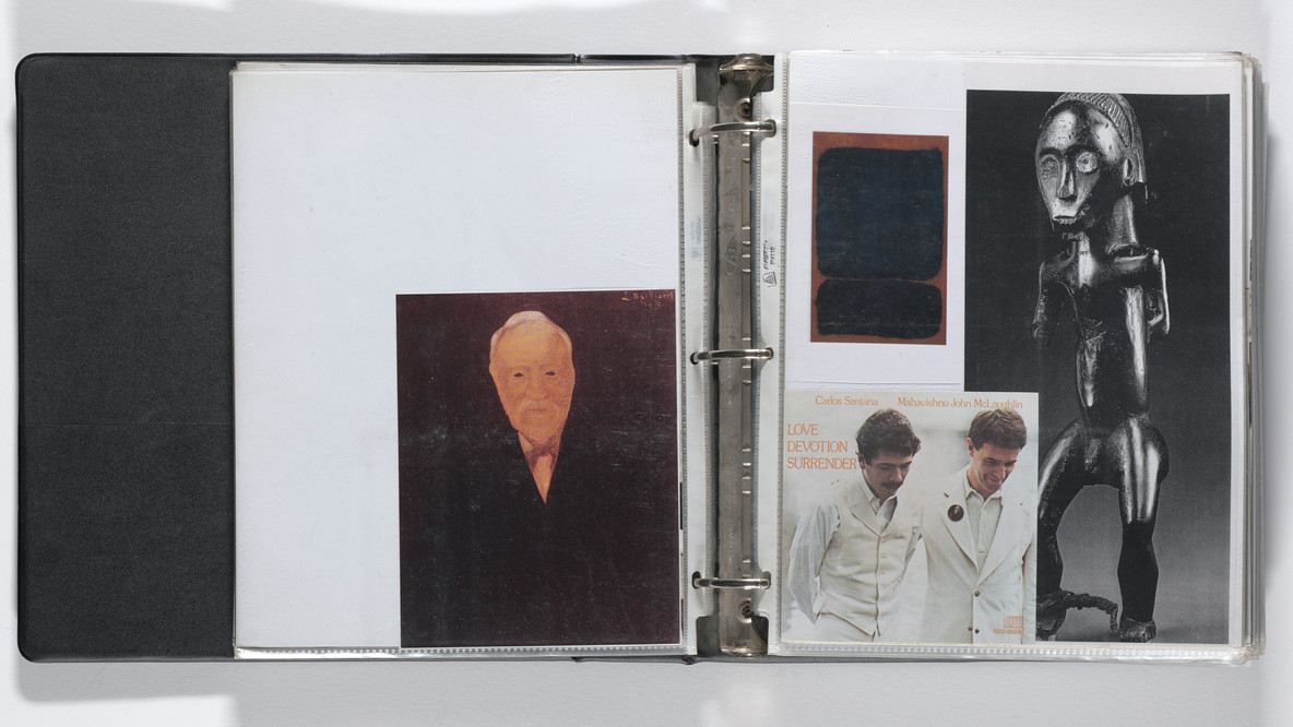Arthur Jafa. Untitled notebook. 1990–2007. Printed papers, ink, and pencil on paper, cut-and-arranged in plastic sleeves in a three-ring binder, overall (binder): 11 5/8 × 10 15/16 × 2 13/16&#34; (29.5 × 27.8 × 7.1 cm); sheet (each approx.): 11 5/16 × 9 1/4&#34; (28.7 × 23.5 cm). Gift of Jack Shear. © 2024 Arthur Jafa