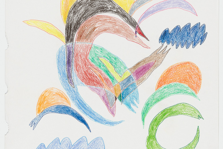 Tadáskía. Ave preta mística mystical black bird. 2022. Pencil, colored pencil, pastel, and spray paint on torn paper, total: sixty-one sheets; 29 sheets (drawings in color), each approx.: 25 11/18 x 19 11/18” (65.2 x 50 cm), 32 sheets (text), each approx.: 23 ⅜ x 16 9/16” (59.4 x 42cm). Fund for the Twenty-First Century. © Tadáskía