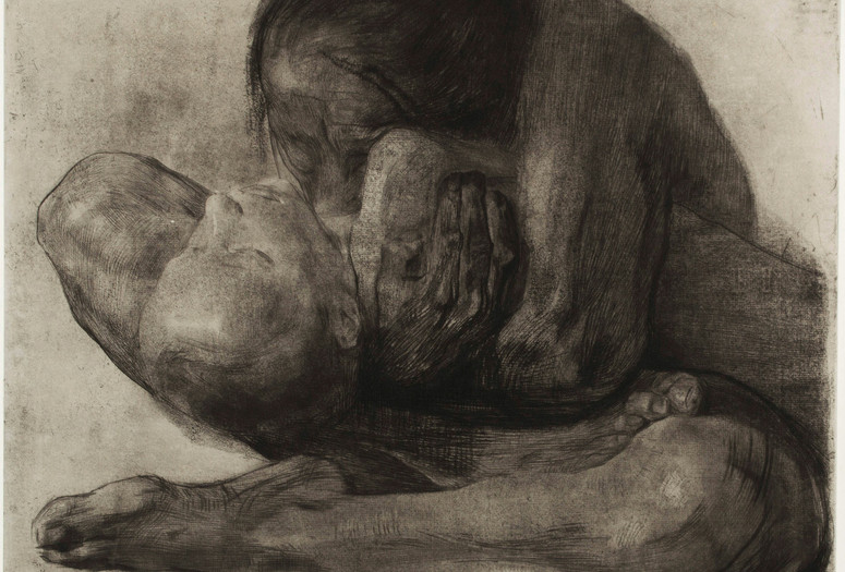 Käthe Kollwitz. Woman with Dead Child (Frau mit totem Kind). 1903. Line etching, drypoint, sandpaper, and soft ground with the imprint of laid paper and Ziegler’s transfer paper on chine collé, composition: 16 1/4 × 18 9/16&#34; (41.2 × 47.1 cm); sheet: 21 7/16 × 27 11/16&#34; (54.5 × 70.3 cm). The Museum of Modern Art, New York, Acquired through the generosity of the Contemporary Drawing and Print Associates. © 2024 Artists Rights Society (ARS), New York/VG Bild-Kunst, Bonn