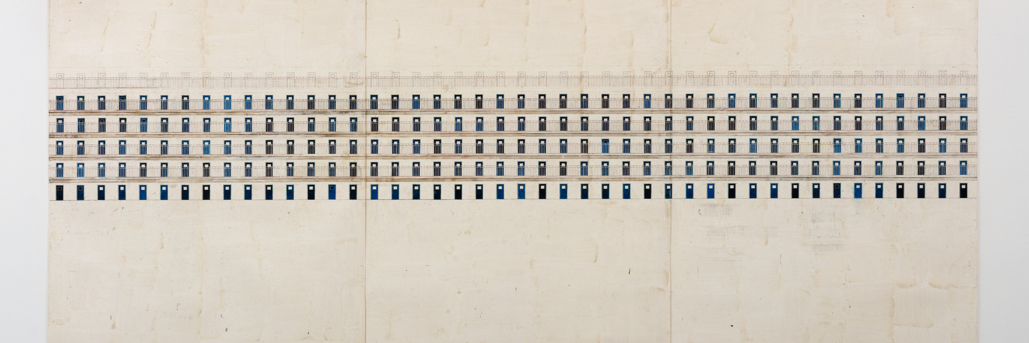 Toba Khedoori. Untitled (Doors). 1995. Oil, wax, and pencil on three sheets of paper, 132 × 234&#34; (335.3 × 594.4 cm). The Museum of Modern Art, New York. Gift of Lenore S. and Bernard A. Greenberg. © 2024 Toba Khedoori