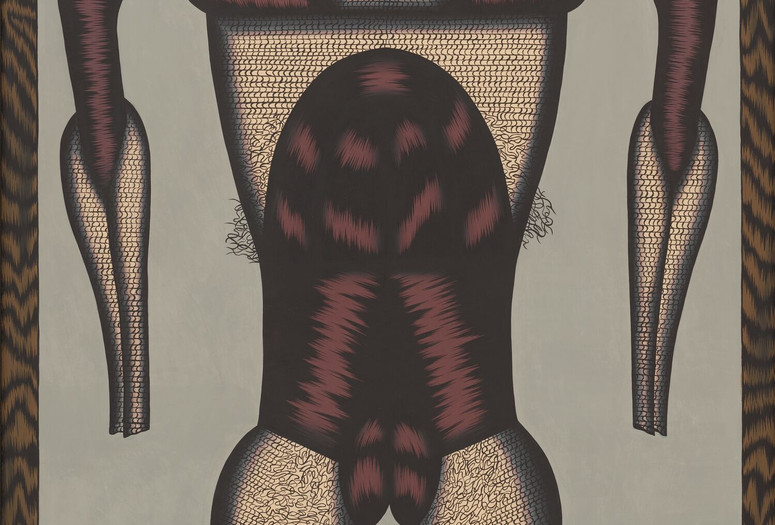 Christina Ramberg. Wired. 1974–75. Acrylic on board, 48 × 36" (121.9 × 91.4 cm). The Museum of Modern Art, New York. Gift of Agnes Gund Image description: The anthropomorphic form of a female body, painted to appear sewn from thread. The thin cylindrical arms, small wide breasts, intestine-like abdomen, and vulva all are a dense dark red color, similar to muscles. The wide chest, skinny legs, and forearms with the shape of hips and closed legs that cut off above the ankles are a pale sandy color with thin, black lines crossed like chain-mail. The links unravel around the mid-chest, the opening to the abdomen, and around the vulva, like pubic hair.