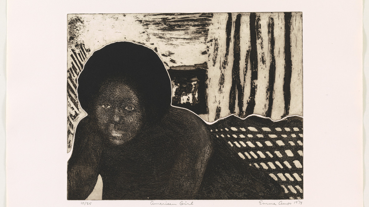 Emma Amos. American Girl from Impressions: Our World, Volume I. 1974. Etching and aquatint from a portfolio of seven etchings (five with aquatint, two with embossing), plate: 15 13/16 × 19 13/16&#34; (40.1 × 50.4 cm); sheet: 22 3/8 × 30&#34; (56.8 × 76.2 cm). Printmaking Workshop, New York. Purchase. © 2024 Emma Amos / Licensed by VAGA, New York