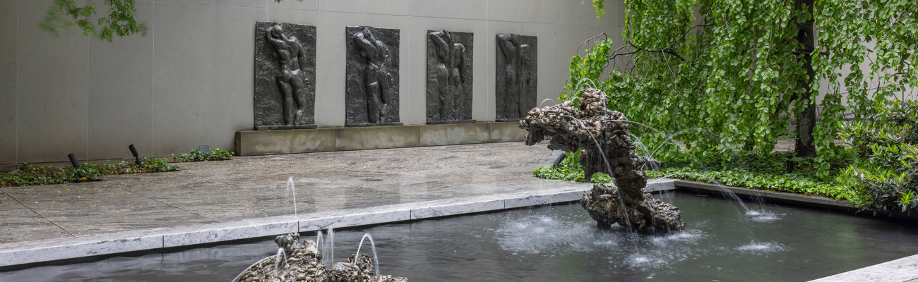 The Abby Aldrich Rockefeller Sculpture Garden, May 2024. Photo: Jonathan Dorado. Shown: Lynda Benglis. Double Fountain, Mother and Child. 2007. Bronze, in two parts. The Museum of Modern Art, New York. Gift of the artist and the Fuhrman Family Foundation; Henri Matisse. The Back (I). Spring 1908–late 1909; The Back (II). 1911 (?)–early March or April 1913; The Back (III). May 13, 1913–early fall 1916; The Back (IV). c. 1931. Bronze. The Museum of Modern Art, New York. Mrs. Simon Guggenheim Fund. © 2024 Succession H. Matisse/Artists Rights Society (ARS), New York