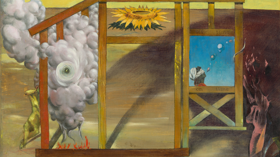 Dorothea Tanning. On Time Off Time. 1948. Oil on canvas, 14 1/8 x 20 1/2&#34; (35.9 x 52.1 cm). Committee on Painting and Sculpture Funds, and The Modern Women&#39;s Fund. © 2024 Artists Rights Society (ARS), New York / ADAGP, Paris