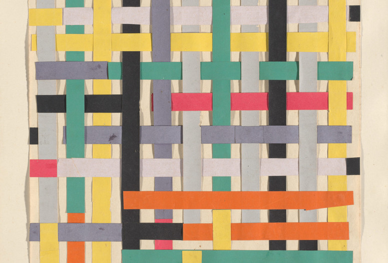 Alejandro Otero. Ortogonal (Collage) 1. 1951. Cut-and-pasted colored paper on paper mounted on paper. The Museum of Modern Art, New York. Gift of Patricia Phelps de Cisneros in honor of Marie-Josée Kravis. © 2024 Artists Rights Society (ARS), New York/AUTORARTE, VenezuelaImage description: Strips of colorful paper woven irregularly into a square grid. The strips overlap loosely, leaving space for the cream background paper to show through in rectangles of various sizes.