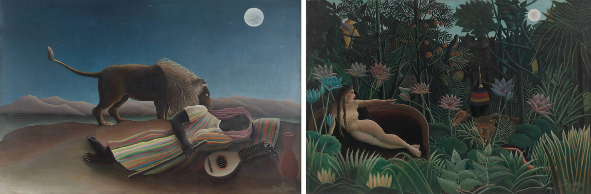 From left: Henri Rousseau. The Sleeping Gypsy. 1897. Oil on canvas; The Dream. 1910. Oil on canvas