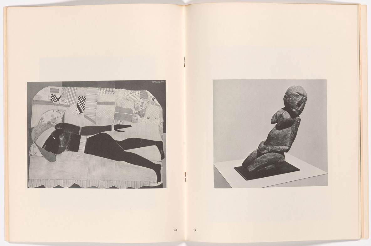 She exhibition catalogue spread with Patchwork Quilt and a reclining figure by a Dogon artist of Mali, 1970