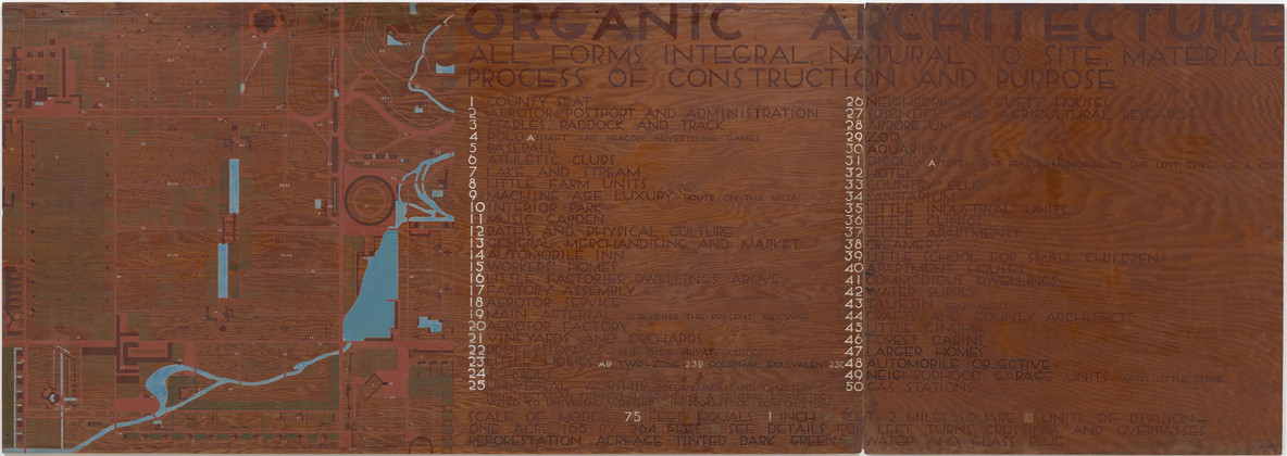 Exhibition display panel (one of two dedicated to “organic architecture”), with a key to buildings in the Broadacre City relief model. 1934–35. Painted plywood