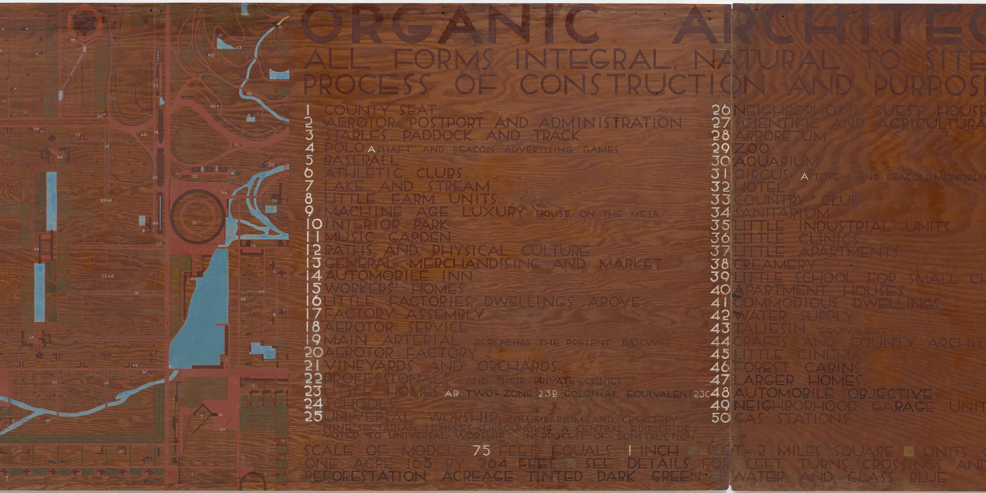 Exhibition display panel (one of two dedicated to “organic architecture”), with a key to buildings in the Broadacre City relief model. 1934–35. Painted plywood, 48" × 7' 6 1⁄2" × 5/8" (121.9 × 232.4 × 1.6 cm). The Frank Lloyd Wright Foundation Archives (The Museum of Modern Art/Avery Architectural & Fine Arts Library, Columbia University, New York). © 2024 The Museum of Modern Art, New York, Imaging and Visual Resources Department. Photo: Jonathan Muzikar