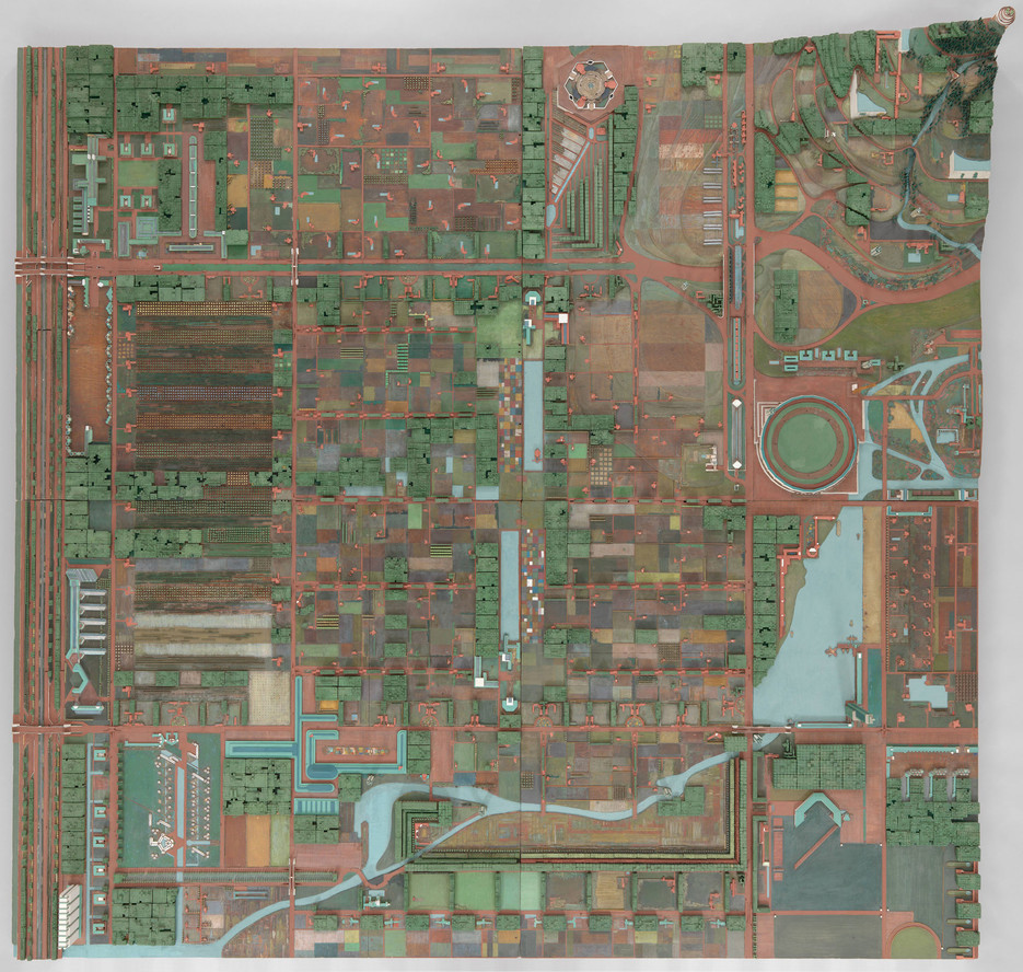 Frank Lloyd Wright. Broadacre City Project (Model in four sections). 1934–35. Painted wood, cardboard, and paper