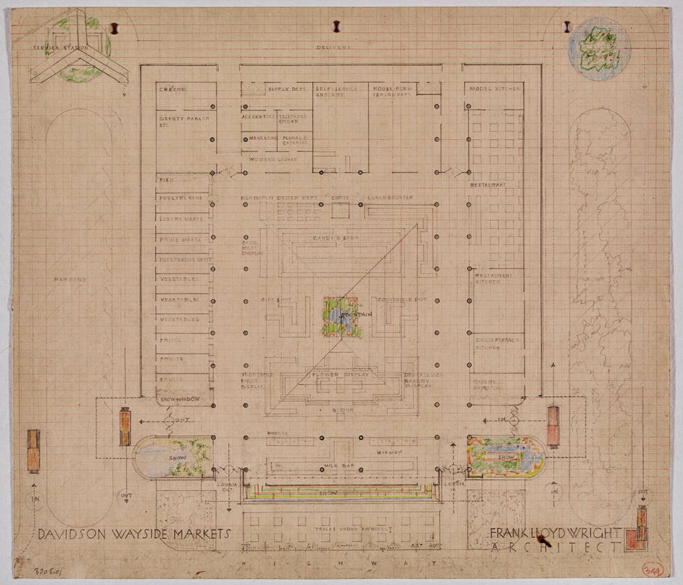 Frank Lloyd Wright. Davidson Wayside Markets Project. Ground-floor plan. 1932–33