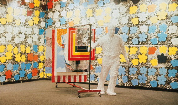 View of Sturtevant’s exhibition at Bianchini Gallery, New York, 1965, showing 7th Avenue Garment Rack and Warhol Flowers