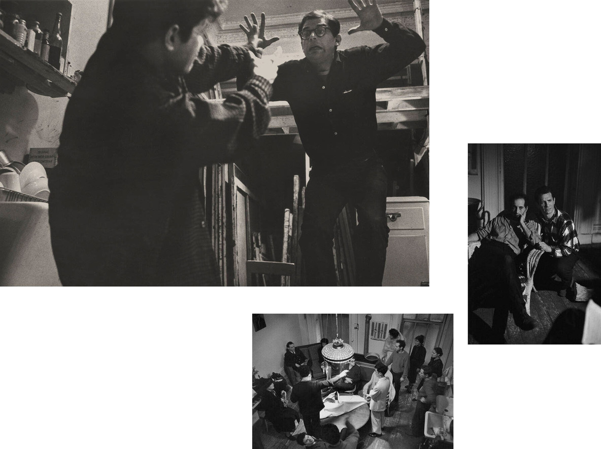 Clockwise, from top left: John Cohen. Gregory Corso and Allen Ginsberg on the Set of Pull My Daisy; Robert Frank and Jack Kerouac on the Set of Pull My Daisy; Cast and Set of Pull My Daisy. 1959. Gelatin silver prints
