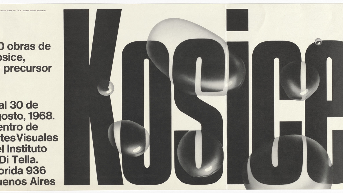 Gyula Kosice (Fernando Fallik). Poster for exhibition 100 obras de Kosice, un precursor (A Hundred Works by Kosice, A Pioneer), held in Buenos Aires, Argentina. 1968. Lithograph, 12 x 24 3/8&#34; (30.5 x 61.9 cm). Gift of the designer