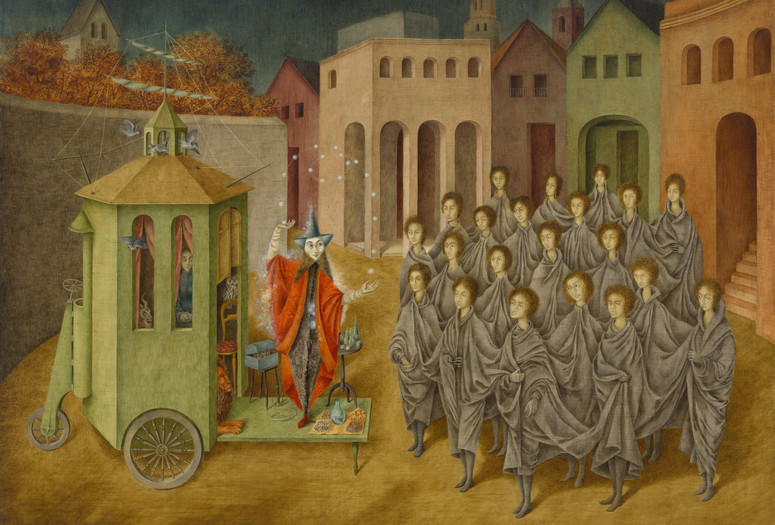 Remedios Varo. The Juggler (The Magician). 1956. Oil and inlaid mother of pearl on board. The Museum of Modern Art, New York. Gift of Joan H. Tisch (by exchange). © 2024 Remedios Varo, Artists Rights Society (ARS), New York/VEGAP, Madrid