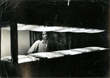 Frank Gillette with Amps, Watts &amp; Volts, 1971 / 1972. Ten cathode-ray-tube monitors, two cameras, and two delay loops at six-second intervals. Courtesy the artist