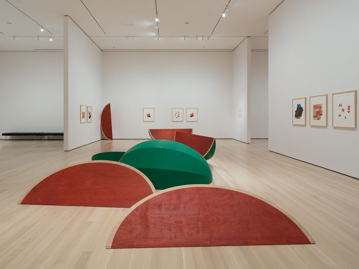 Melonely (installation view). 1986. Paint on wood, 11 parts, and gouache and watercolor on paper, 14 sheets