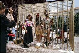 Coco Fusco, Paula Heredia. The Couple in the Cage: Guatinaui Odyssey. 1993. Standard-definition video (black and white and color, sound), 31 min. Gift of Mario Cader-Frech through the Latin American and Caribbean Fund. © 2024 Coco Fusco and Paula Heredia. Courtesy Video Data Bank, School of the Art Institute of Chicago