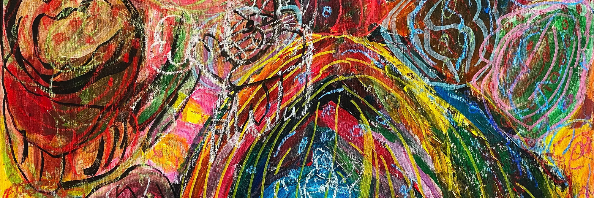 Gisela Montalvo. Flower Animal Cat Snails Turtles Rose Rabbits Babies. 2024. Acrylic on canvas. Courtesy of the artist.Image description: A horizontally oriented painting with vibrant swathes of red, blue, yellow, green, and pink across the canvas all the way to the edges. Layers of looping lines painted in blue, yellow, pink, white, and black move across the canvas, with a few subtle drawings of cats found within the colorful composition.
