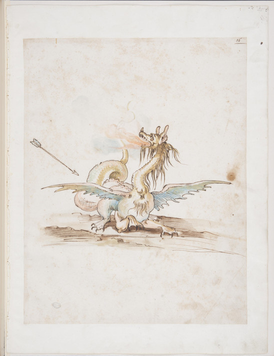 Sketch of original costume for the python in Ottavio Rinuccini and Jacopo Peri’s opera Dafne (1598)