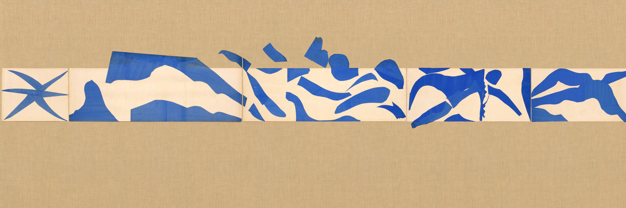 Henri Matisse. The Swimming Pool, Maquette for ceramic (realized 1999 and 2005). 1952. Gouache on paper, cut and pasted, on painted paper, overall 73&#34; × 53&#39; 11&#34; (185.4 × 1643.3 cm). Installed as nine panels in two parts on burlap-covered walls 11&#39; 4&#34; (345.4 cm) high. Frieze installed at a height of 5&#39; 5&#34; (165 cm). The Museum of Modern Art, New York. Mrs. Bernard F. Gimbel Fund. © 2024 Succession H. Matisse/Artists Rights Society (ARS), New York