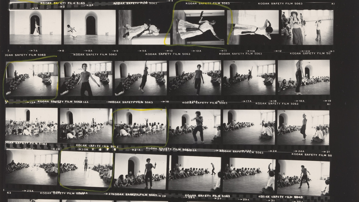 Contact sheet documenting Blondell Cummings and John Bernd performing at the P.S. 1 exhibition Spring Dance Series (1982): Paranarrative Dance Festival. May 8–16, 1982. MoMA PS1 Archives, II.A.371. The Museum of Modern Art Archives, New York. INPS1.346.1. Photo: Paula Court