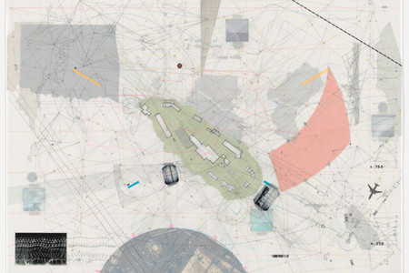 Chris Cornelius. Radio Free Alcatraz: Trajectories. 2014. Architectural firm: studio:indigenous. Frosted plastic sheets and paper with pencil, colored pencil, ink, press type, cut-and-pasted printed paper and printed pressure-sensitive plastic sheet, and masking tape, 18 × 24&#34; (45.7 × 61 cm). Committee on Architecture and Design Funds