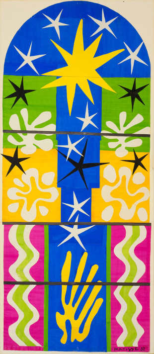 Henri Matisse. Maquette for Christmas Eve (Nuit de Noël). 1952. Gouache on paper, cut-and-pasted on board, 107 × 53 1/2″ (271.8 × 135.9 cm). The Museum of Modern Art, New York. Gift of Time Inc. © 2024 Succession H. Matisse/Artists Rights Society (ARS), New York. Photo: Jonathan Muzikar