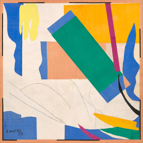 Henri Matisse. Memory of Oceania. Nice-Cimiez, Hôtel Régina, summer 1952-early 1953. Gouache on paper, cut and pasted, and charcoal on paper mounted on canvas, 9' 4" × 9' 4 7/8" (284.4 × 286.4 cm). The Museum of Modern Art, New York. Mrs. Simon Guggenheim Fund. © 2024 Succession H. Matisse/Artists Rights Society (ARS), New York