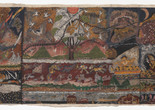 Santiago Yahuarcani. Cosmovisión Huitoto. 2022. PVA on pieced llanchama bark, overall (irreg.): 84 1/2 × 160 1/2&#34; (214.6 × 407.7 cm). Acquired through the generosity of the Latin American and Caribbean Fund and Colección Hochschild Correa. © 2024 Santiago Yahuarcani